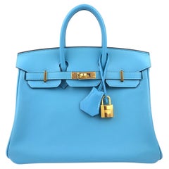Hermes Birkin 25 Blue Bleu du Nord Leather Handbag Bag Gold Hardware RARE
