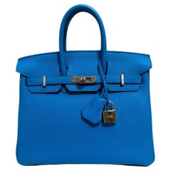 Used Hermes Birkin 25 Blue Bleu Zanzibar Togo Leather Handbag Palladium Hardware 