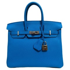 Hermes Birkin 25 Blue Bleu Zanzibar Togo Leather Handbag Palladium Hardware
