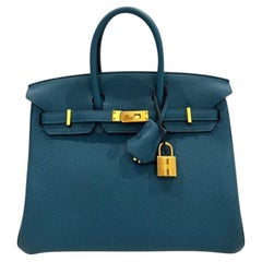 Hermes Birkin 25 Blue Colvert Togo Leather Gold Hardware Rare Top Handle Bag