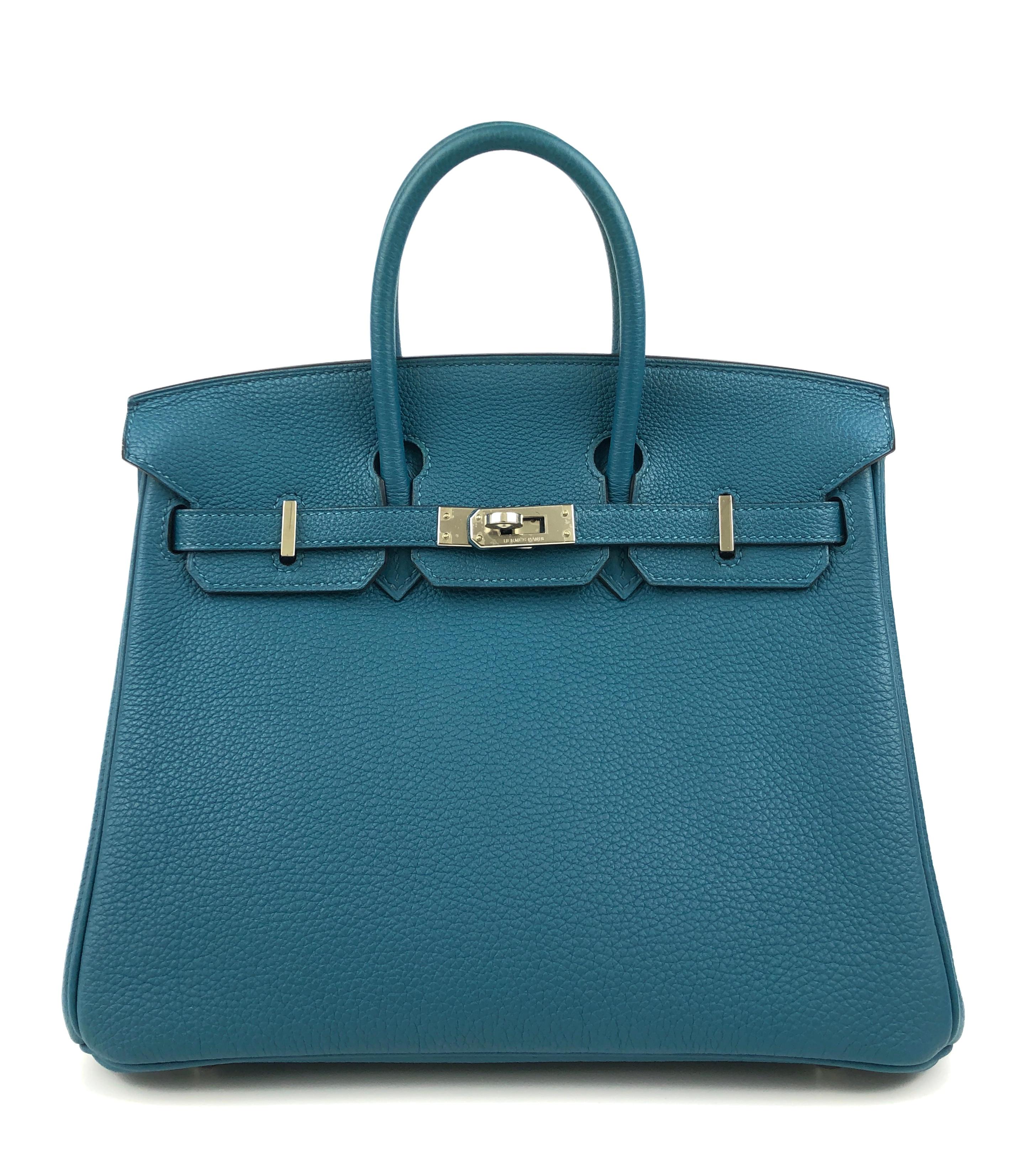 Very Rare and the Only ONE on eBay! Hermes Birkin 25 Blue Colvert Togo Leather Palladium Hardware. Pristine Condition with Plastic on Hardware, perfect corners and structure. 2017 A Stamp.

Shop With Confidence from Lux Addicts. Authenticity