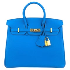 Hermes Birkin 25 Blue Zanzibar Togo Leather Handbag Bag Gold Hardware RARE