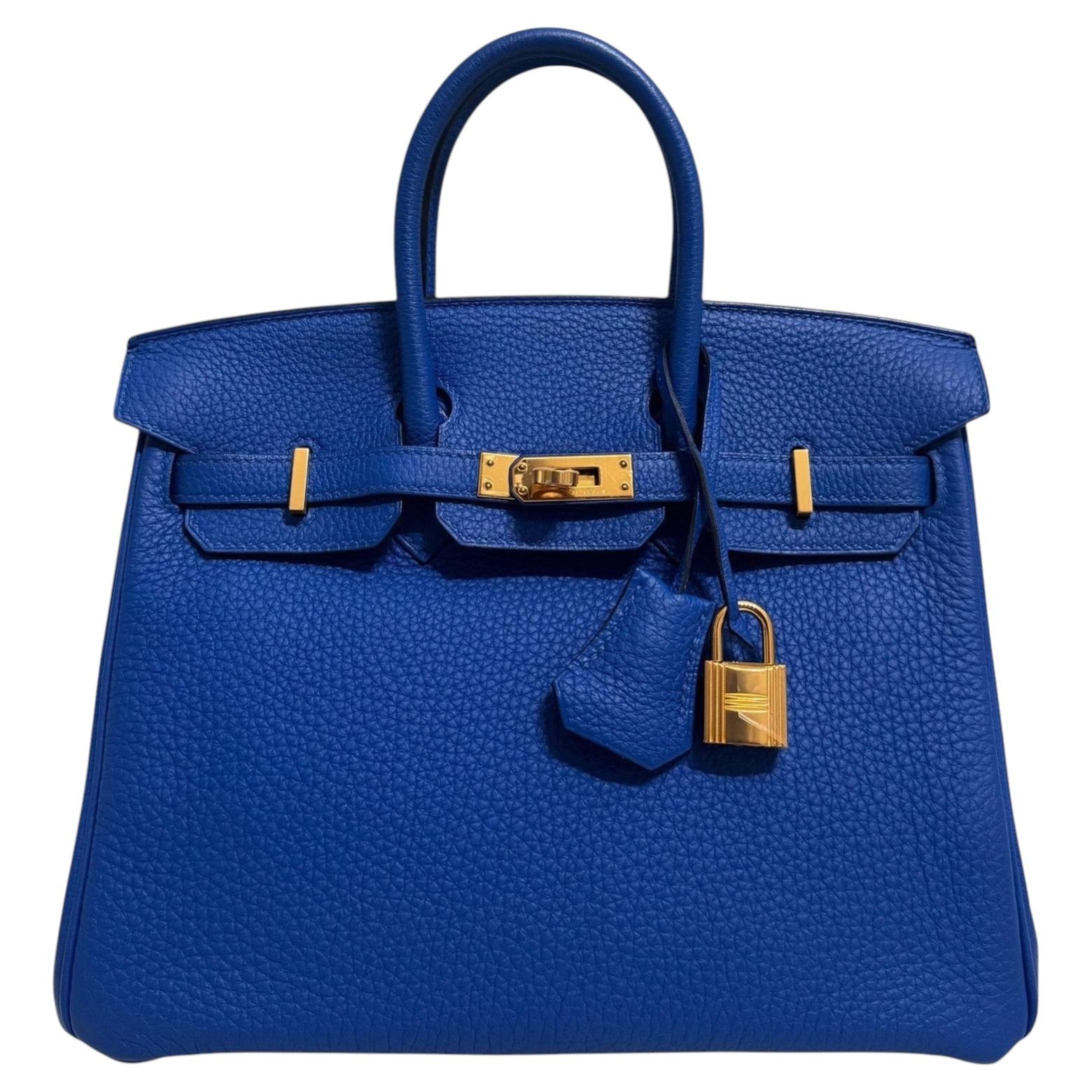 Hermes Birkin 25 Blu Zellige Togo Pelle Hardware Oro Rara Borsa con Manico Superiore