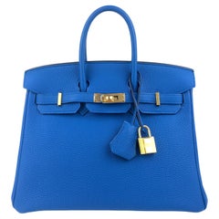 Hermes Birkin 25 Blue Zellige Togo Leather Handbag Bag Gold Hardware RARE