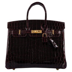 Hermès Birkin 25 Bordeaux Shiny Niloticus Crocodile with Gold Hardware Bag