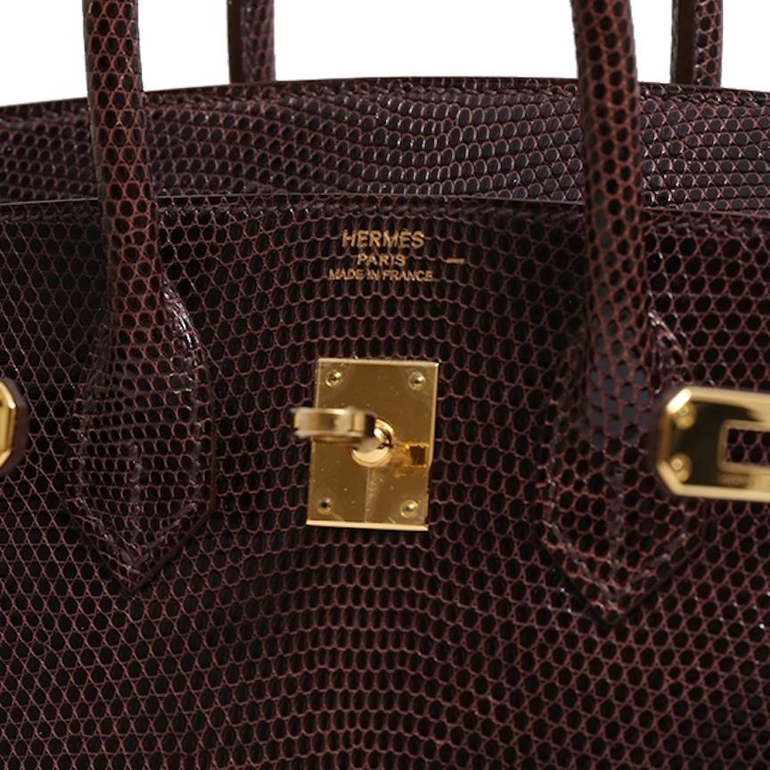 Hermes Birkin 25 Brown Lizard Exotic Gold Top Handle Tote Shoulder Bag In Good Condition In Chicago, IL