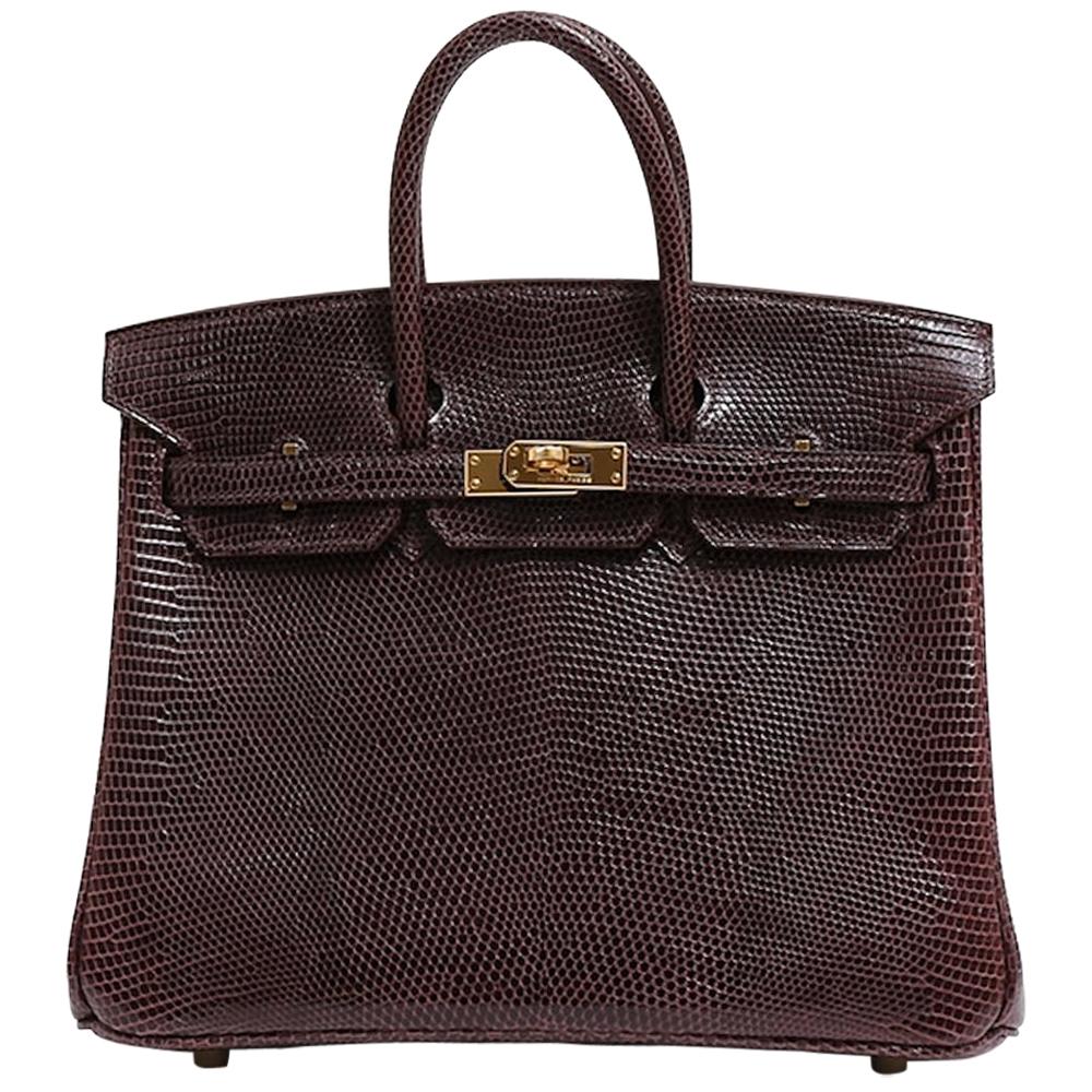 Hermes Birkin 25 Brown Lizard Exotic Gold Top Handle Tote Shoulder Bag
