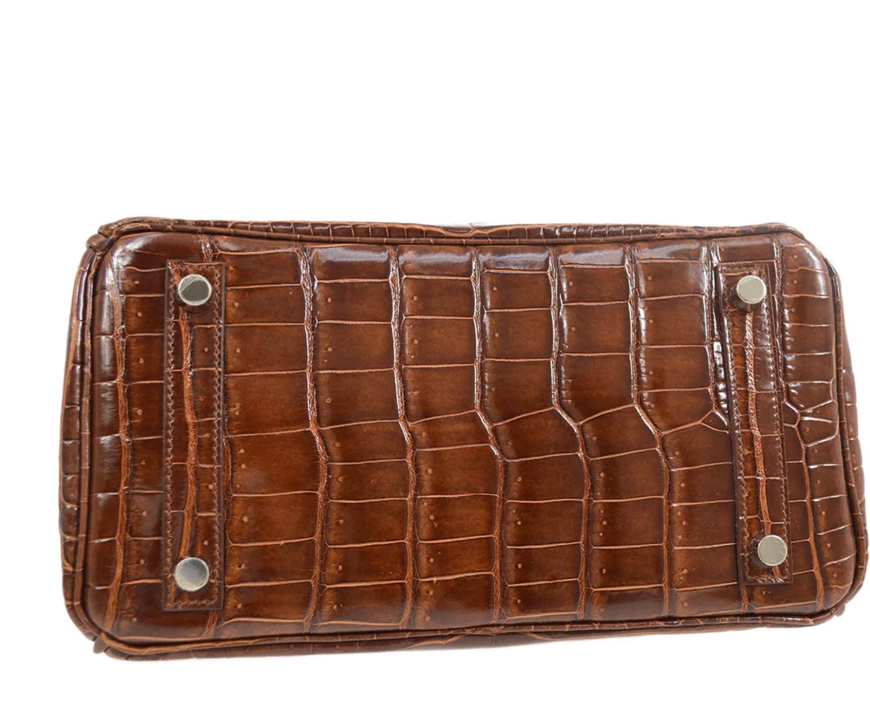 Women's HERMES Birkin 25 Brown Shiny Crocodile Exotic Leather Gold Hardware Tote Bag