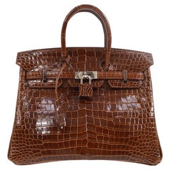 HERMES Birkin 25 Braun Glänzendes Krokodil Exotisches Leder Gold Hardware Tragetasche