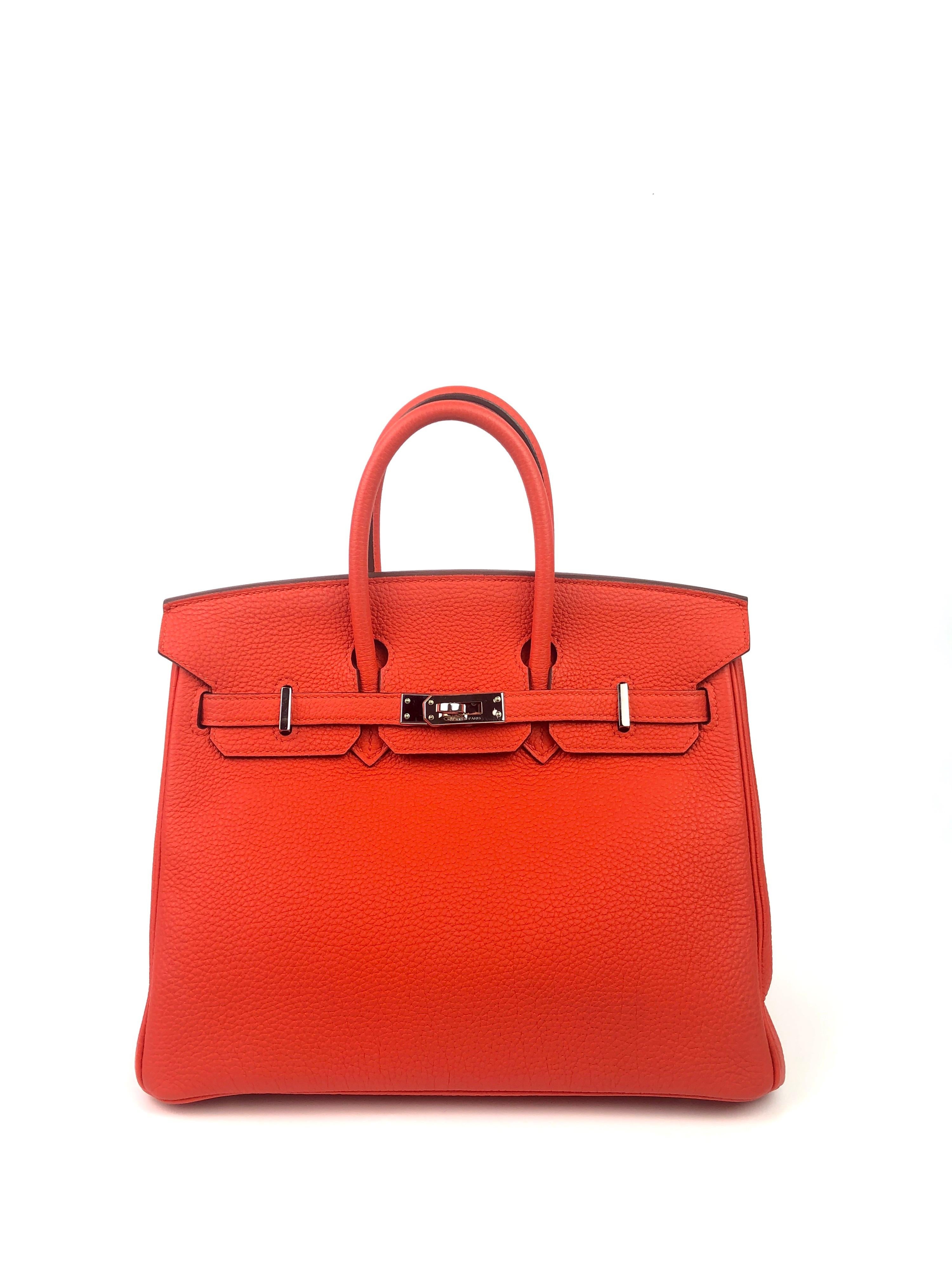 Beautiful Hermes Birkin 25 Capucine Orange Red Palladium Hardware 2016. Excellent Condition, light hairlines on the hardware, perfect structure and corners. 

Shop with confidence from Lux Addicts. Authenticity Guaranteed! 