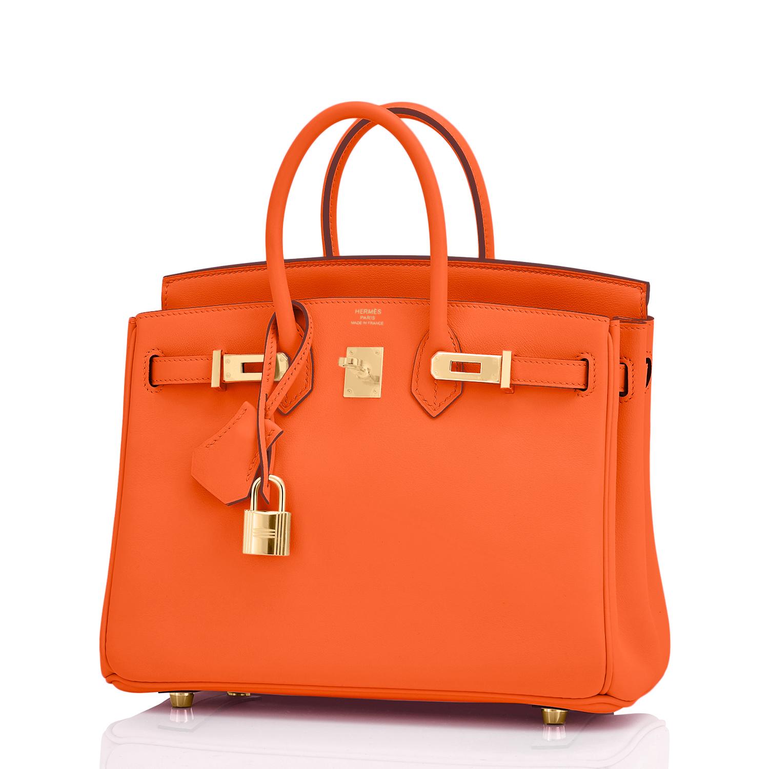Hermes Birkin 25cm Classic Hermes Orange Gold Hardware Bag RARE NEW 
New or Never Used. Pristine Condition (with plastic on hardware)
Comes full set with keys, lock, clochette, a sleeper for the bag, rain protector, and Hermes box.
25cm Birkins are