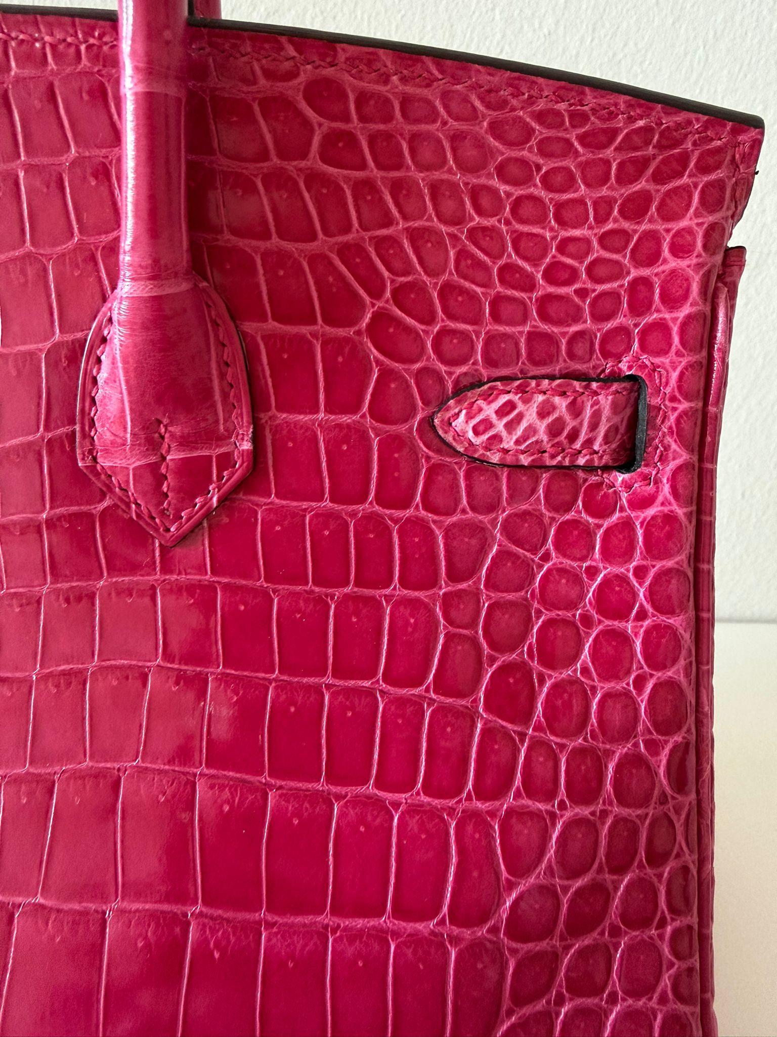 Hermès Birkin 25 Crocodile Porosus Lisse Rose Mexiko Palladium Hardware ...
