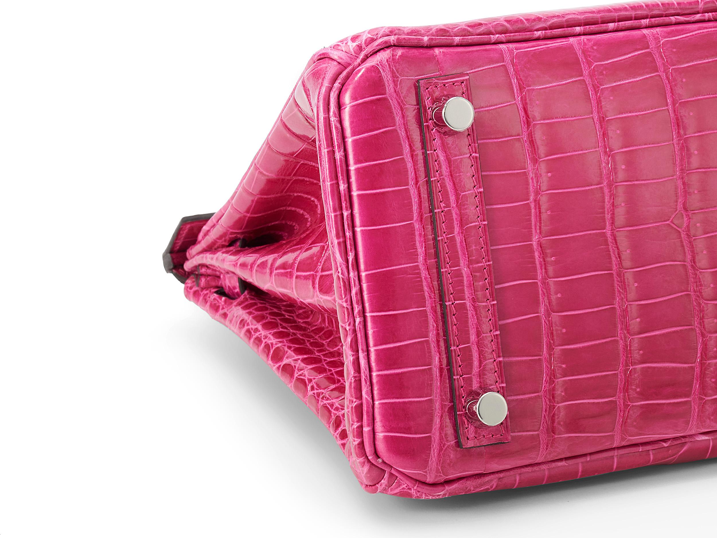 Hermès Birkin 25 Crocodile Porosus Lisse Rose Mexiko Palladium Hardware en vente 2
