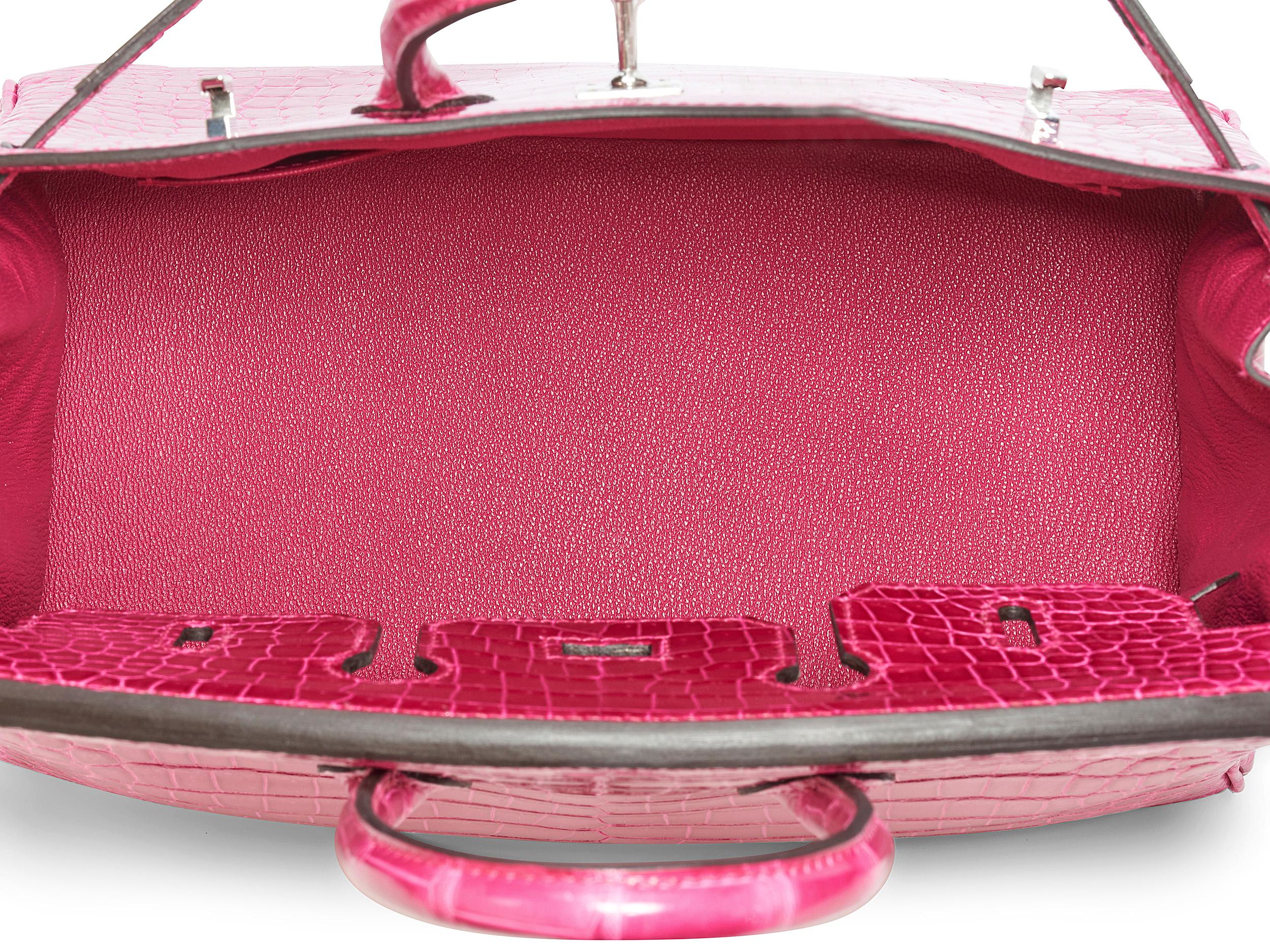 Hermès Birkin 25 Crocodile Porosus Lisse Rose Mexiko Palladium Hardware en vente 3