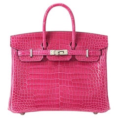 Hermès Birkin 25 Crocodile Porosus Lisse Rose Mexiko Palladium Hardware