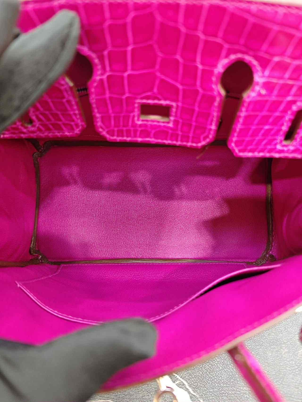 Hermes Birkin 25 Crocodile Porosus Rose Scheherazade with diamonds bag For Sale 11