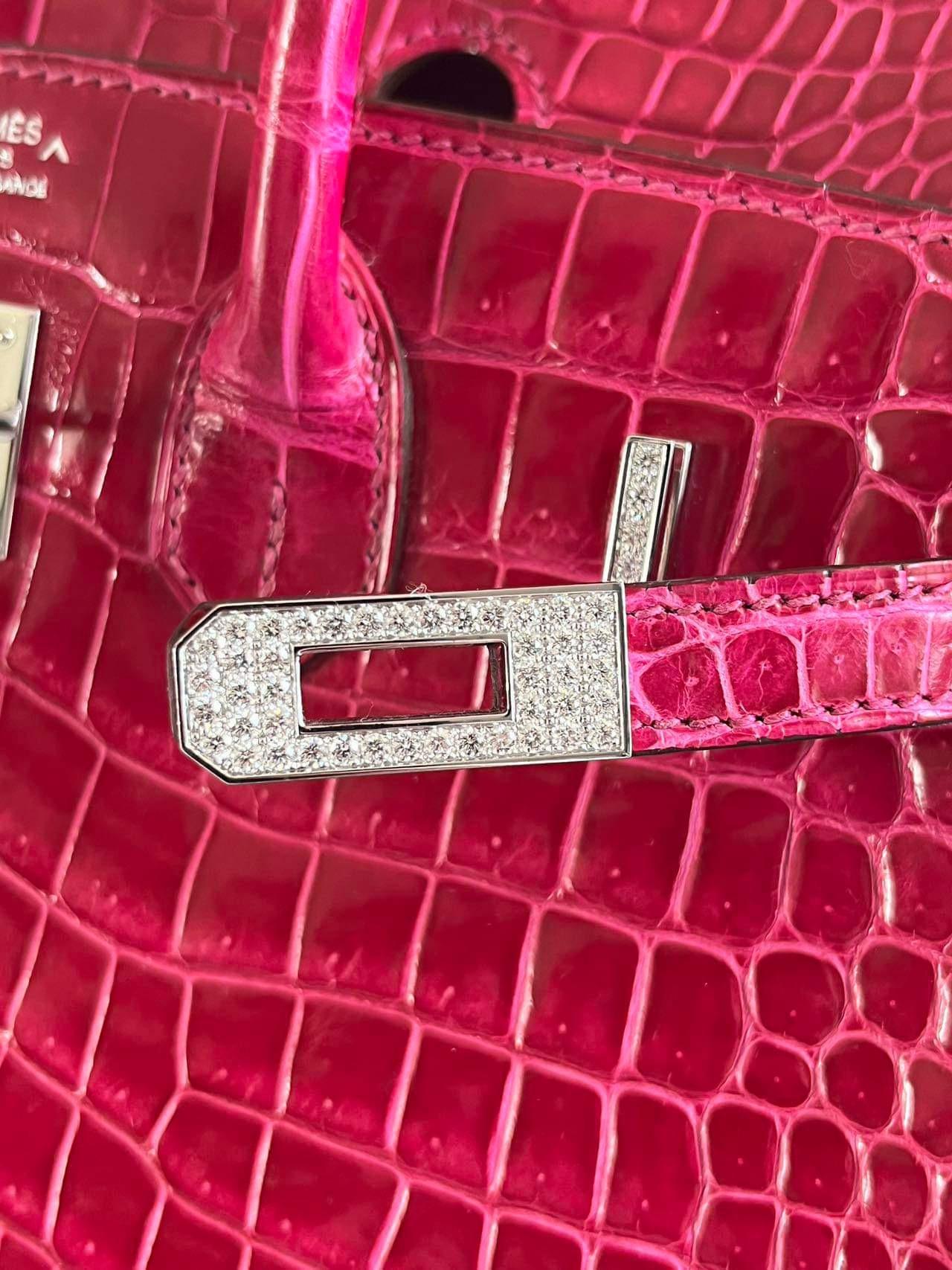 Hermes Birkin 25 Crocodile Porosus Rose Scheherazade with diamonds bag For Sale 8