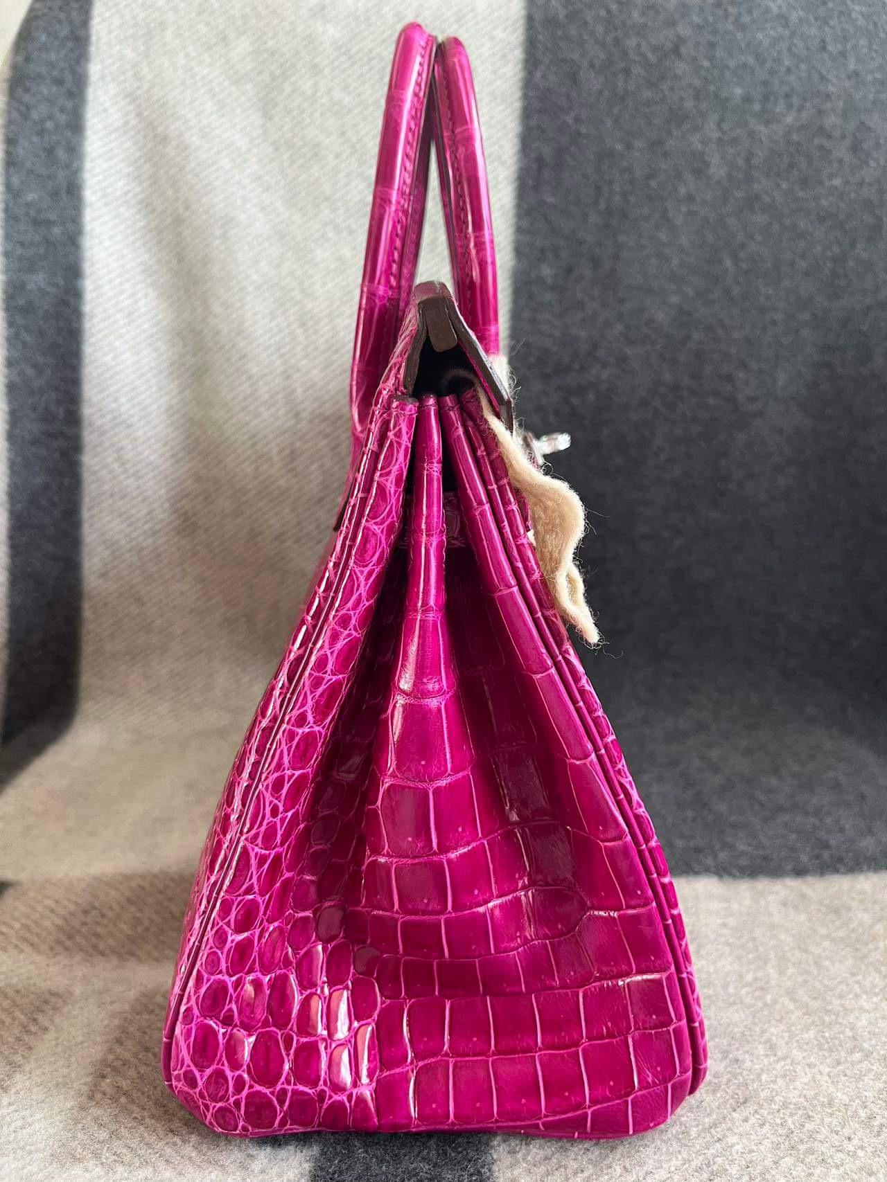 Pink Hermes Birkin 25 Crocodile Porosus Rose Scheherazade with diamonds bag For Sale