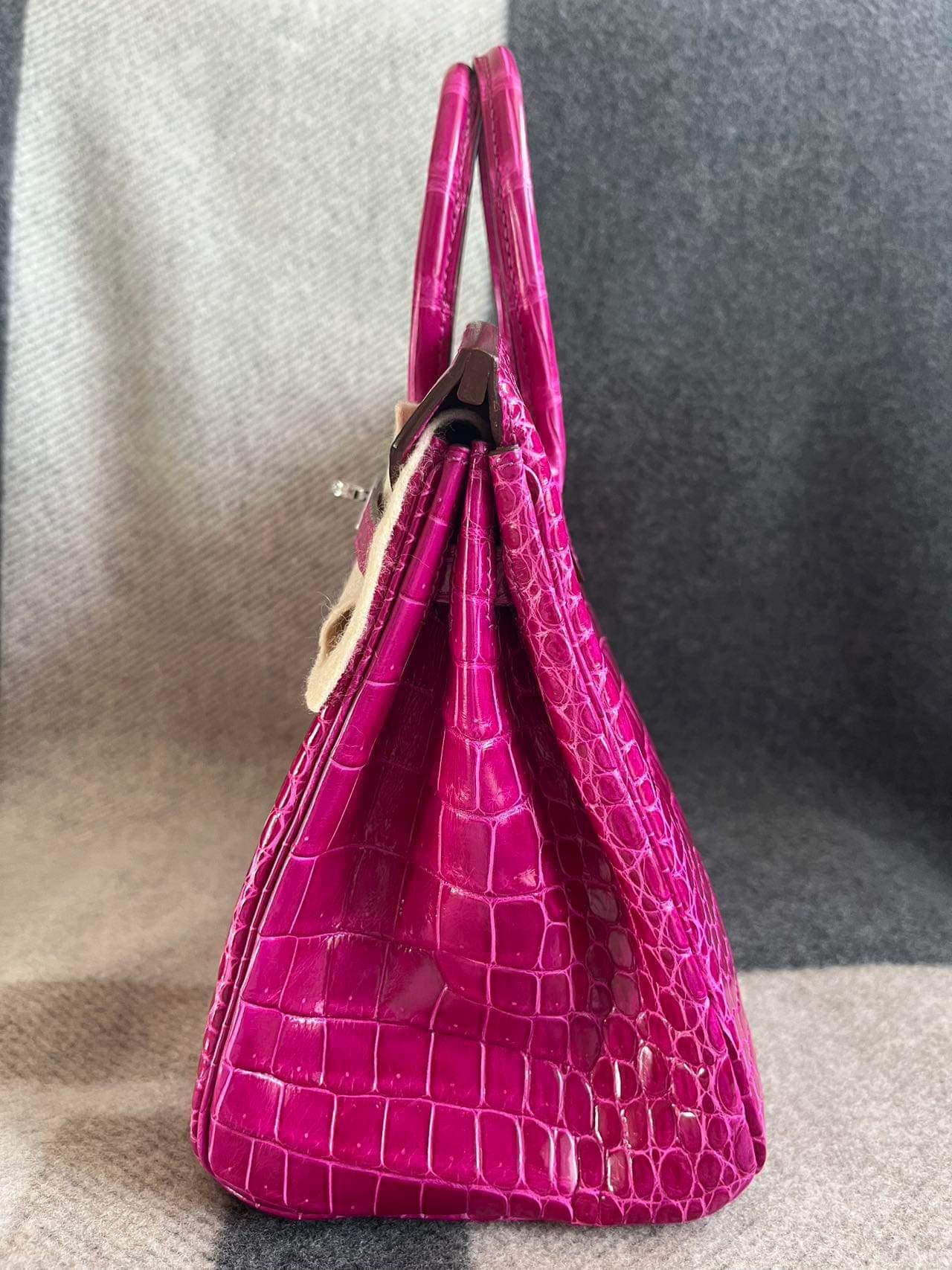 Pink Hermes Birkin 25 Crocodile Porosus white gold with diamonds bag For Sale