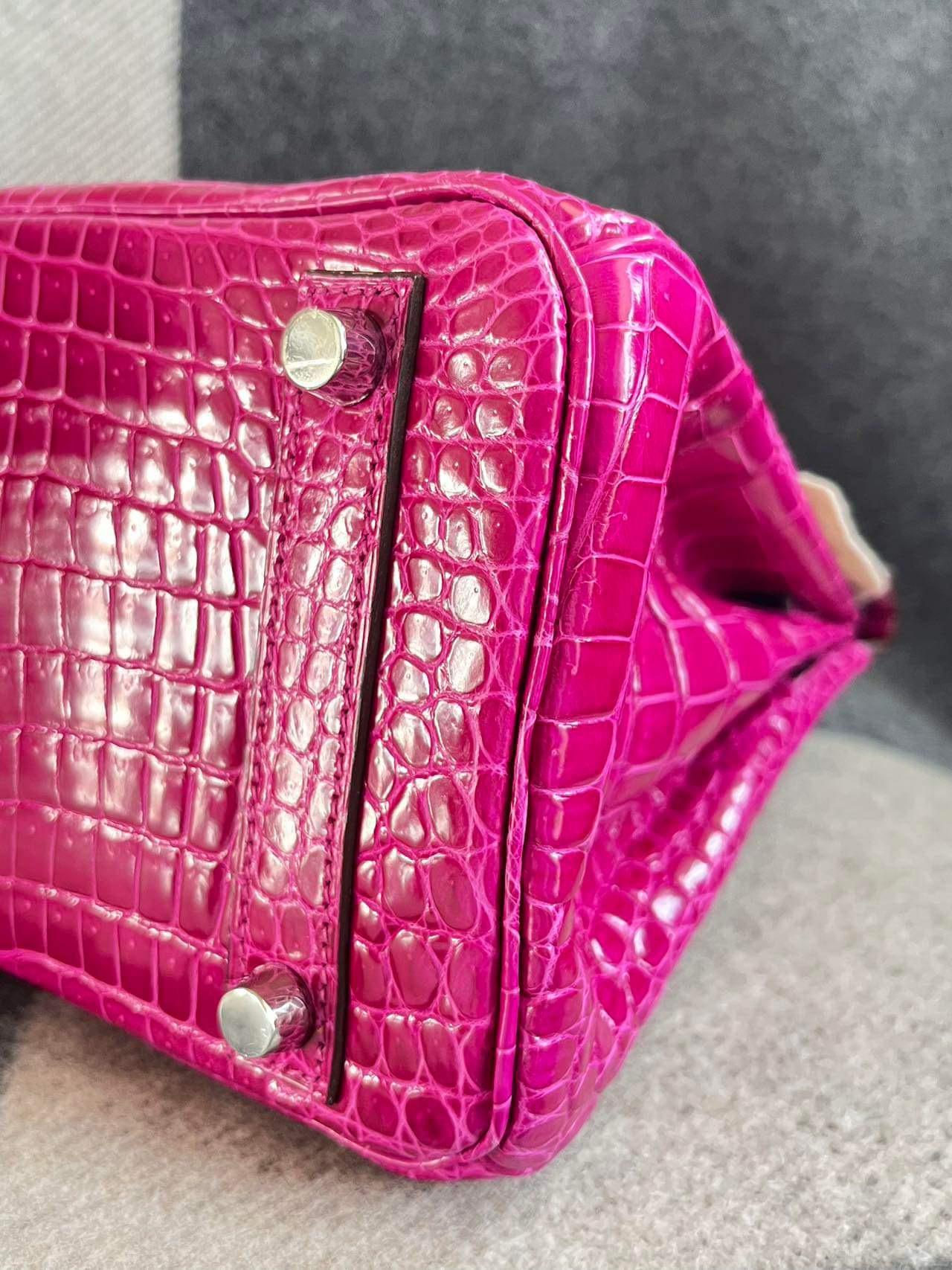Hermes Birkin 25 Crocodile Porosus Rose Scheherazade with diamonds bag For Sale 2