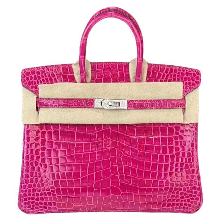 Sac Hermes Birkin 25 Crocodile Porosus or blanc avec diamants