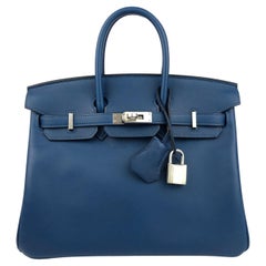 Hermes Birkin 25 Deep Blue Leather Palladium Hardware New 2020