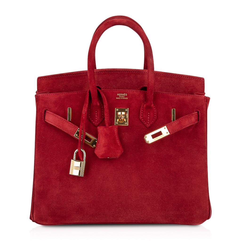 Women's Hermes Birkin 25 Doblis Bag Rouge Vif Suede Gold Hardware