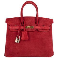 Hermès - Sac Birkin 25 Doblis rouge vif en daim avec accessoires dorés