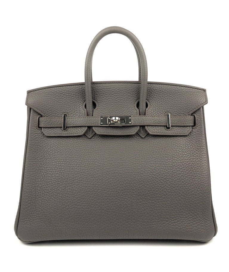 Very Rare and Best PRICE on 1stDibs! Hermes Birkin 25 Etain Gray Grey Togo Leather Palladium Hardware. Pristine Condition with Plastic on Hardware, perfect corners and structure. 

Shop With Confidence from Lux Addicts. We are a Platinum Top Trusted