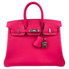 Hermes Birkin 25 Framboise Pink Red Leather Handbag Bag Palladium Hardware RARE