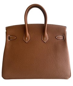 Hermès Birkin 25, goldbraunes Togo-Leder, Palladium-Beschläge, seltene Handtasche mit Tragegriff