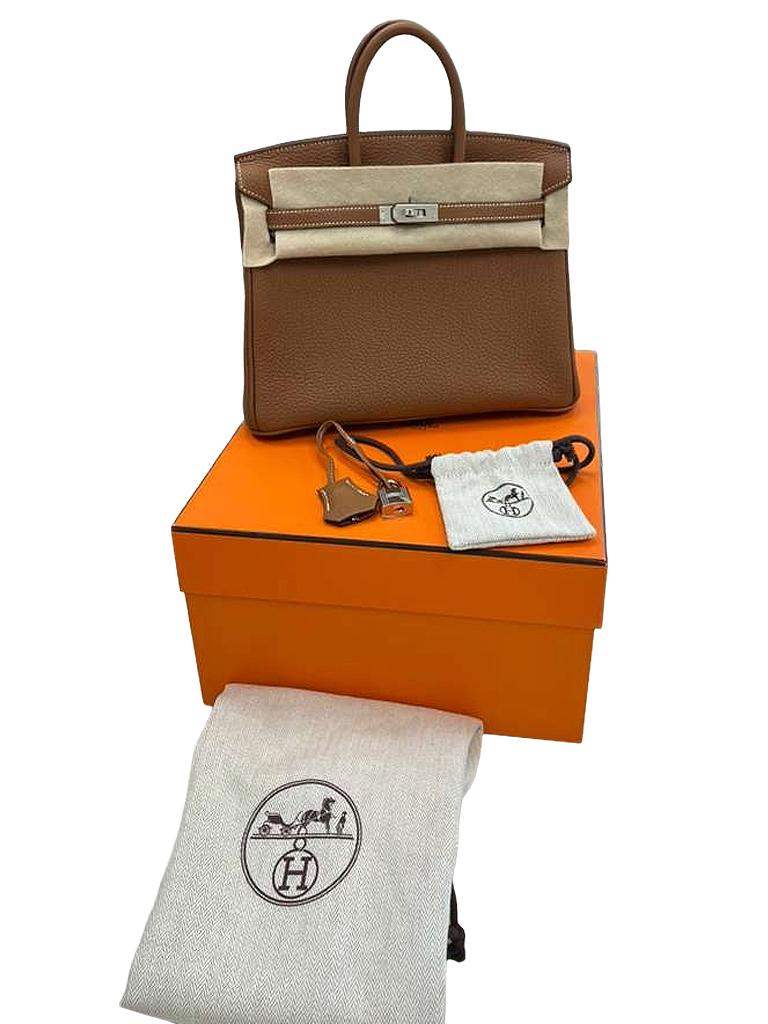 Brown Hermes Birkin 25 Gold Togo Leather Palladium Hardware Handbag For Sale