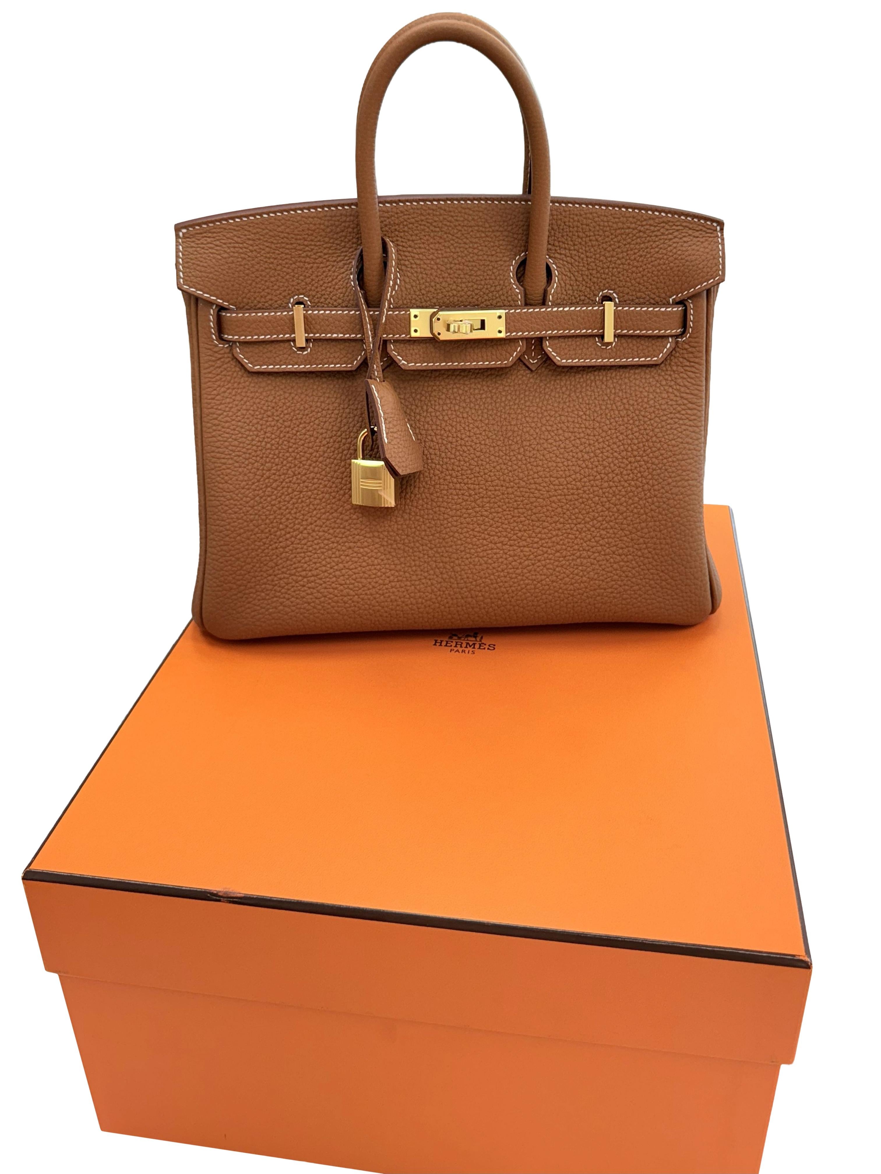 Marrone Hermes Birkin 25 Oro Pelle Togo Con Hardware Oro Borsetta in vendita