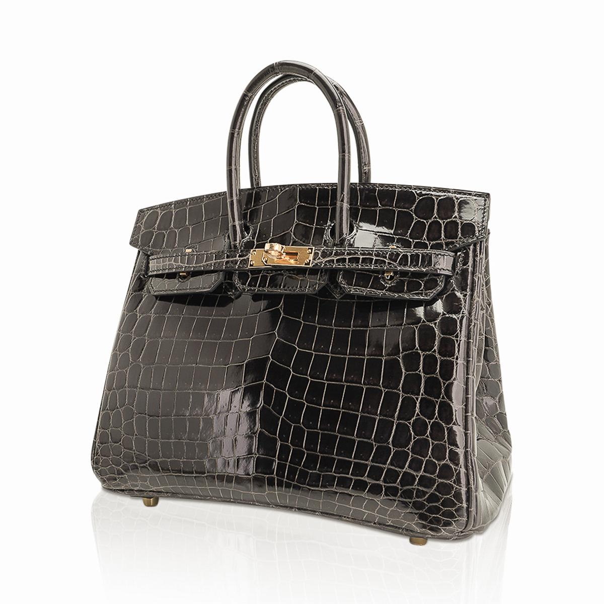 Hermès - Sac Birkin 25 Graphite Crocodile avec accessoires en palladium Pour femmes en vente