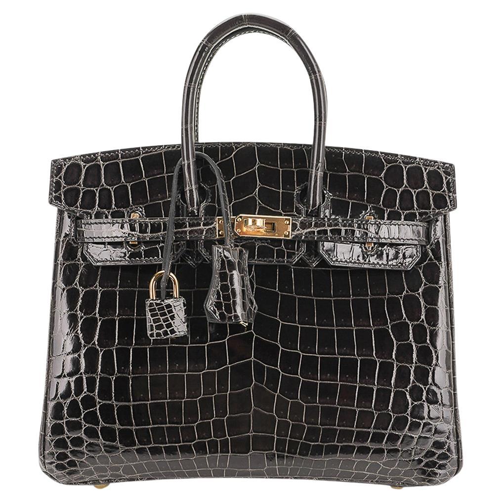 Hermès - Sac Birkin 25 Graphite Crocodile avec accessoires en palladium en vente