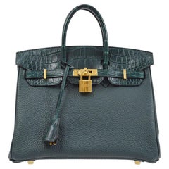 HERMES BIRKIN 25 Green Vert Cypress Togo Matt Alligator Leather Top Handle Bag