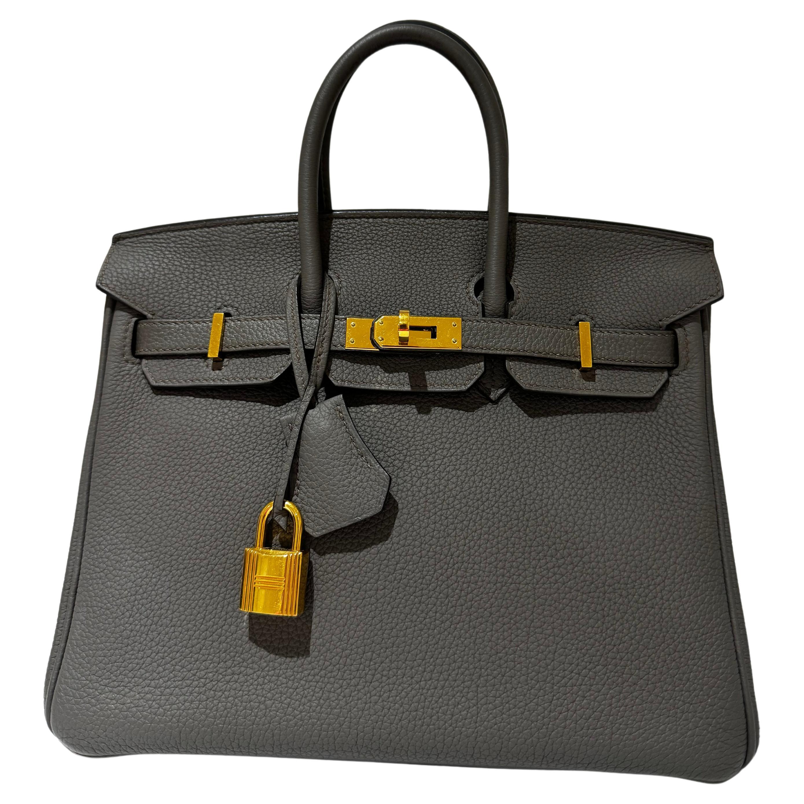 Hermes Birkin 25 Gris Etain Togo with Gold Hardware bag For Sale