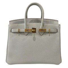 Hermes Birkin 25 Gris Perle Pearl Gray Togo Leather Gold Hardware Top Handle Bag