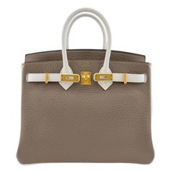 Hermes Birkin 25 Gris Tourterelle White Gray Leather Brushed Gold Top Handle Bag
