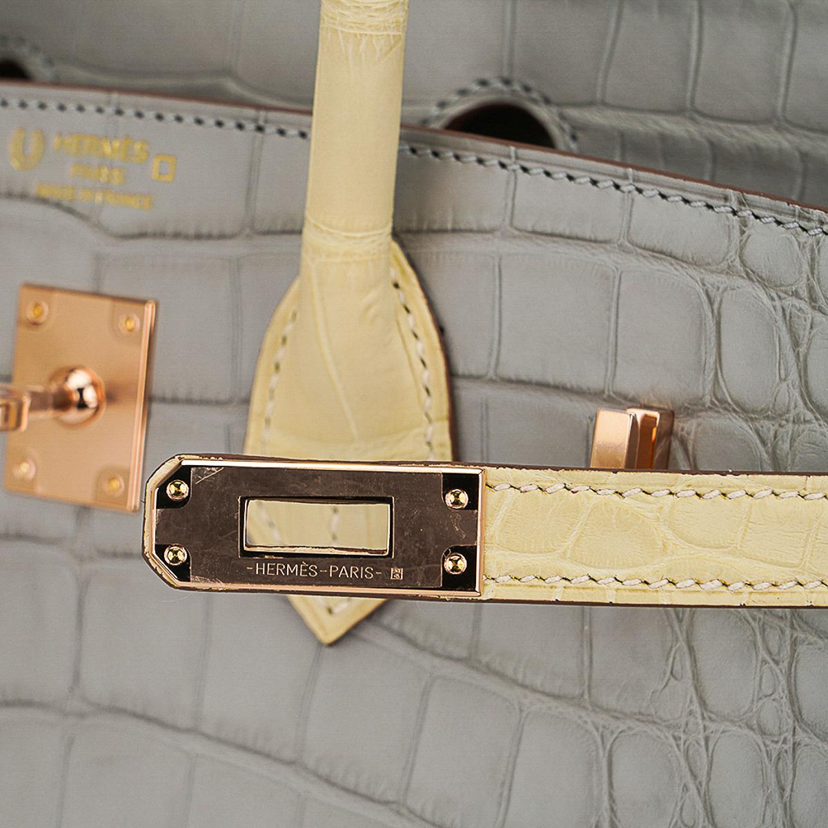 Hermes Birkin 25 HSS Gris Perle w Vanille Matte Alligator Bag Rose Gold Hardware Pour femmes en vente
