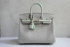 Hermès Birkin 25 HSS Gris Perle Vert D'eau Matte Crocodile Brushed PHW