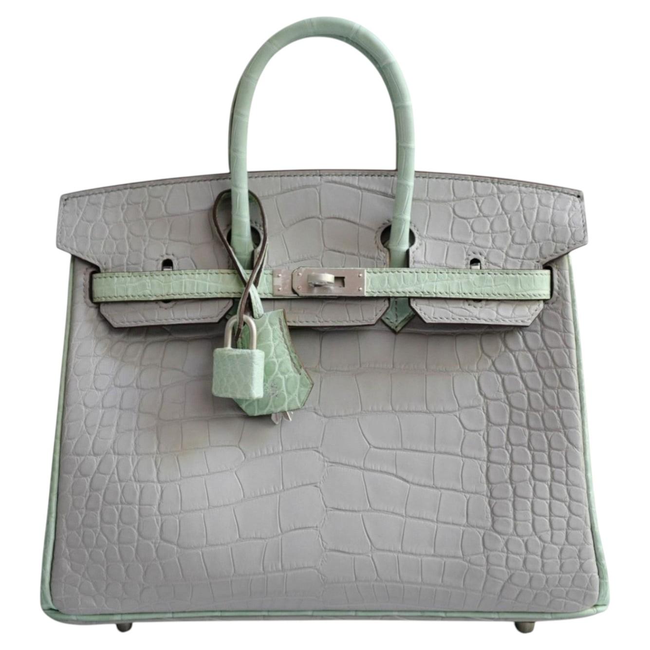 Hermès Birkin 25 HSS Gris Perle Vert D'eau Matte Crocodile Brushed PHW For Sale