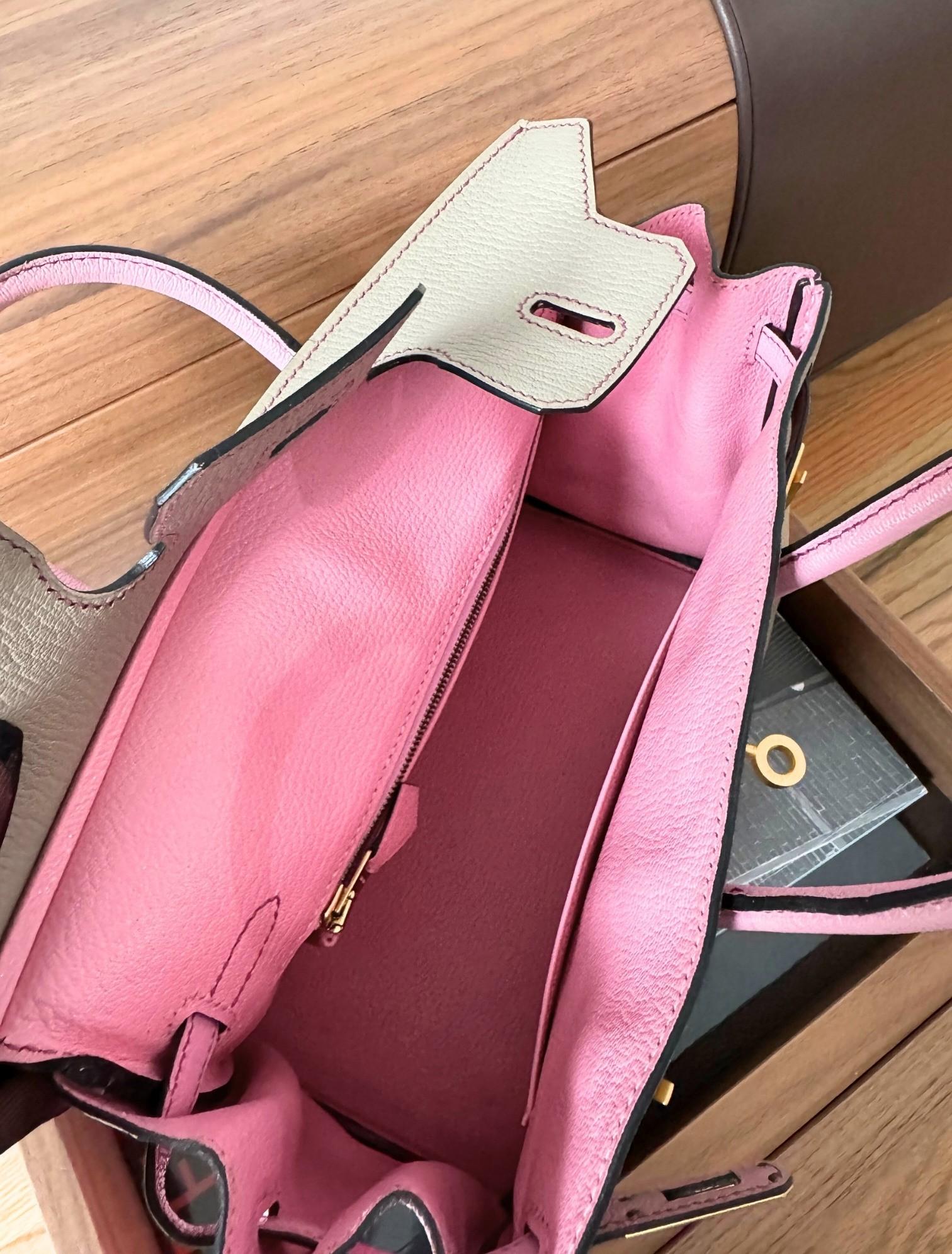 Hermes Birkin 25 HSS Gris Tortuelle / 5P Bubblegum Pink Chevre Brushed Gold HW en vente 7