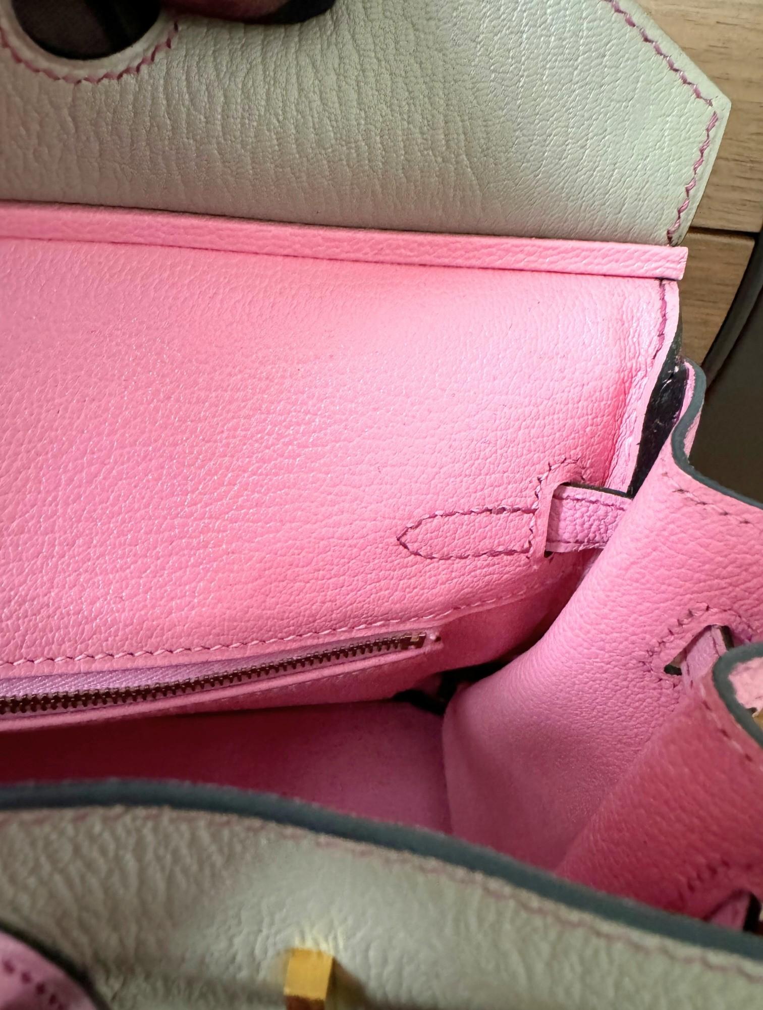 Hermes Birkin 25 HSS Gris Tortuelle / 5P Bubblegum Pink Chevre Brushed Gold HW en vente 8