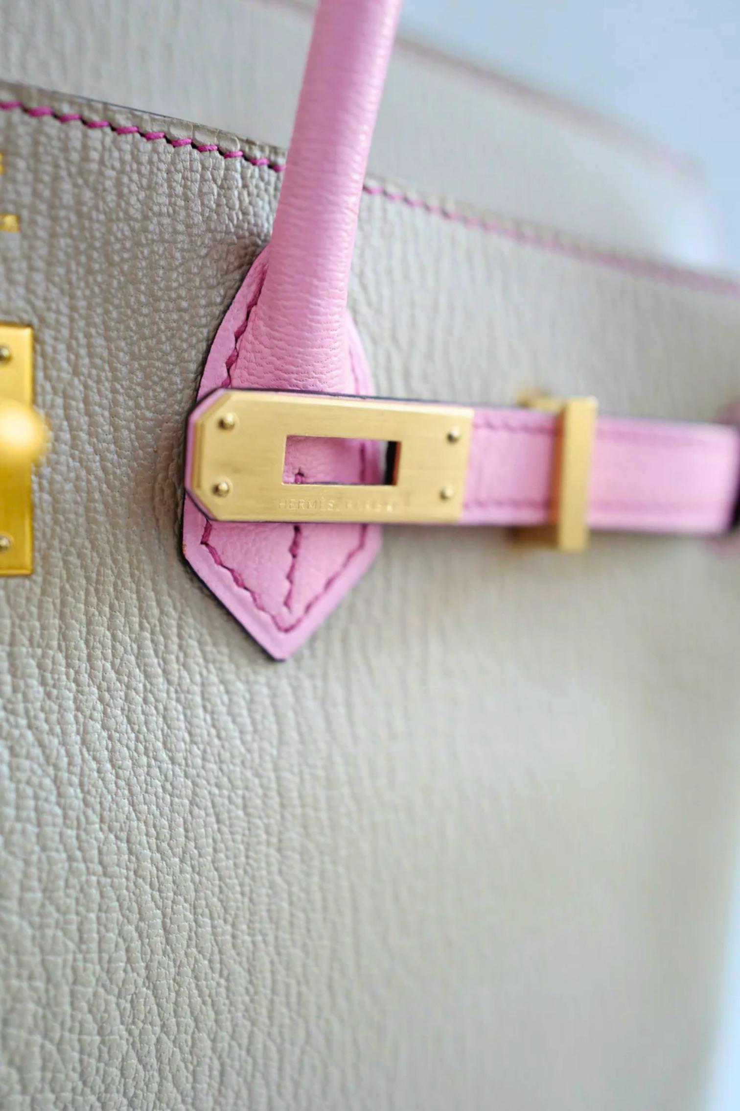 Hermes Birkin 25 HSS Gris Tortuelle / 5P Bubblegum Pink Chevre Brushed Gold HW en vente 9