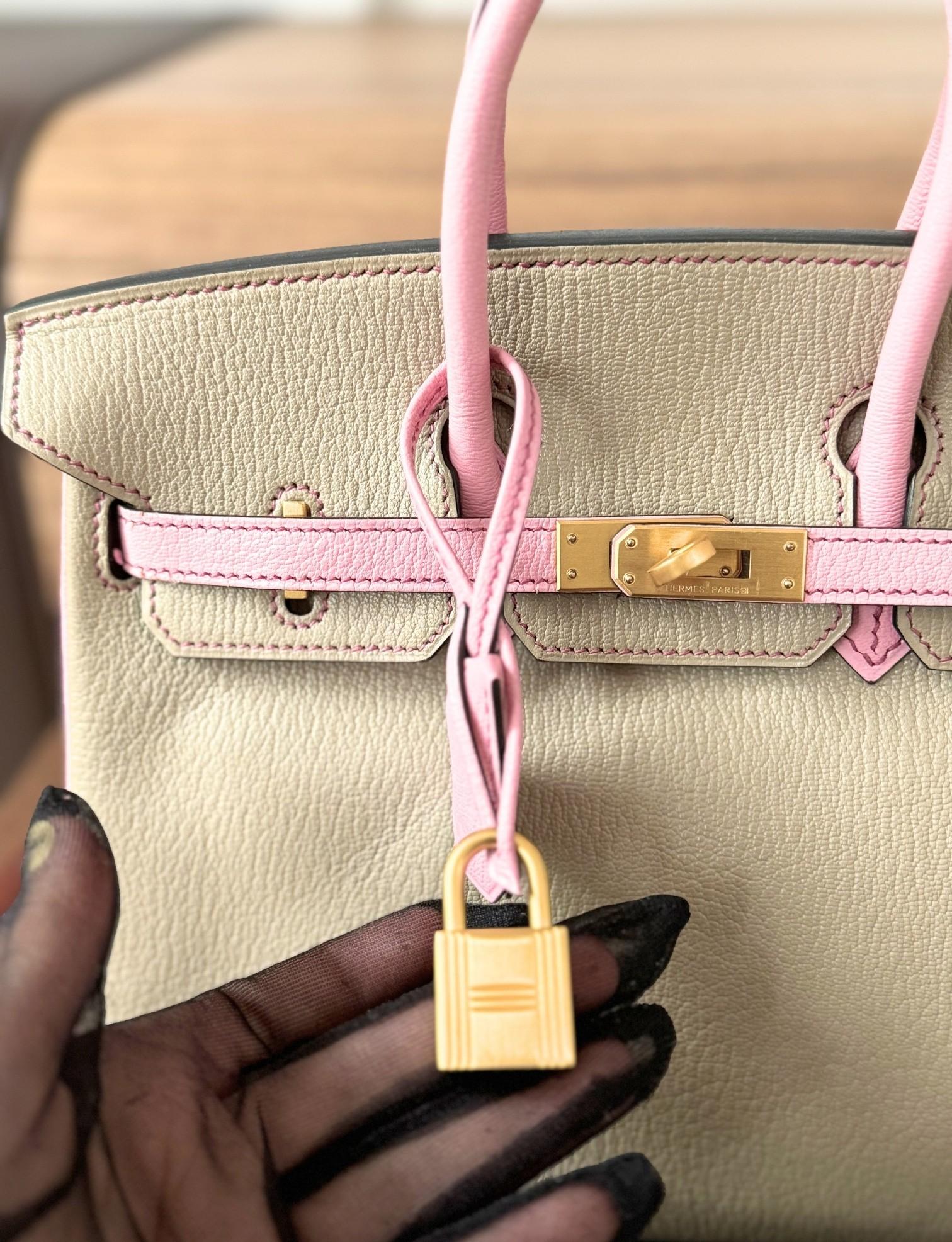 Hermes Birkin 25 HSS Gris Tortuelle / 5P Bubblegum Pink Chevre Brushed Gold HW en vente 10