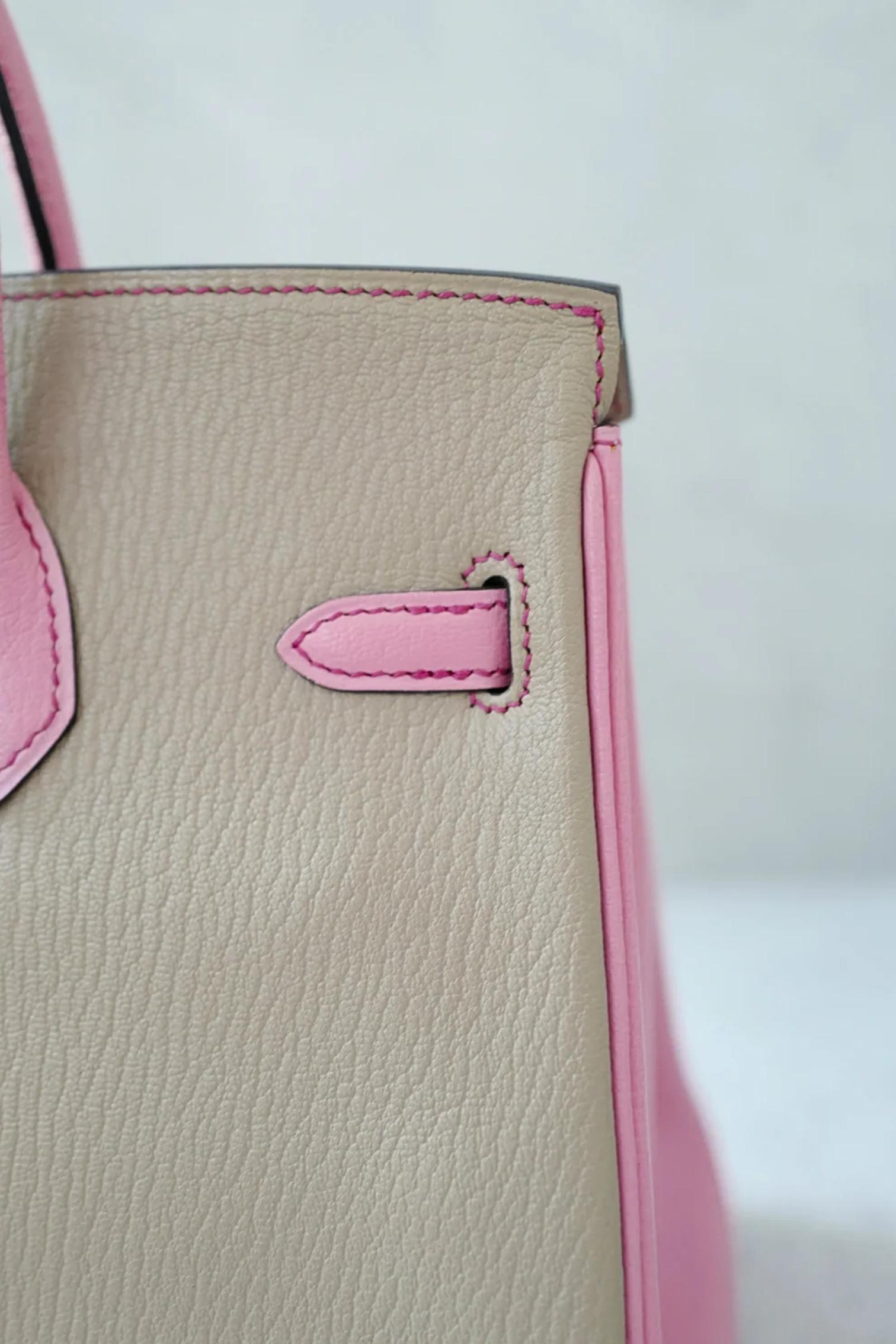 Hermes Birkin 25 HSS Gris Tortuelle / 5P Bubblegum Pink Chevre Brushed Gold HW en vente 11