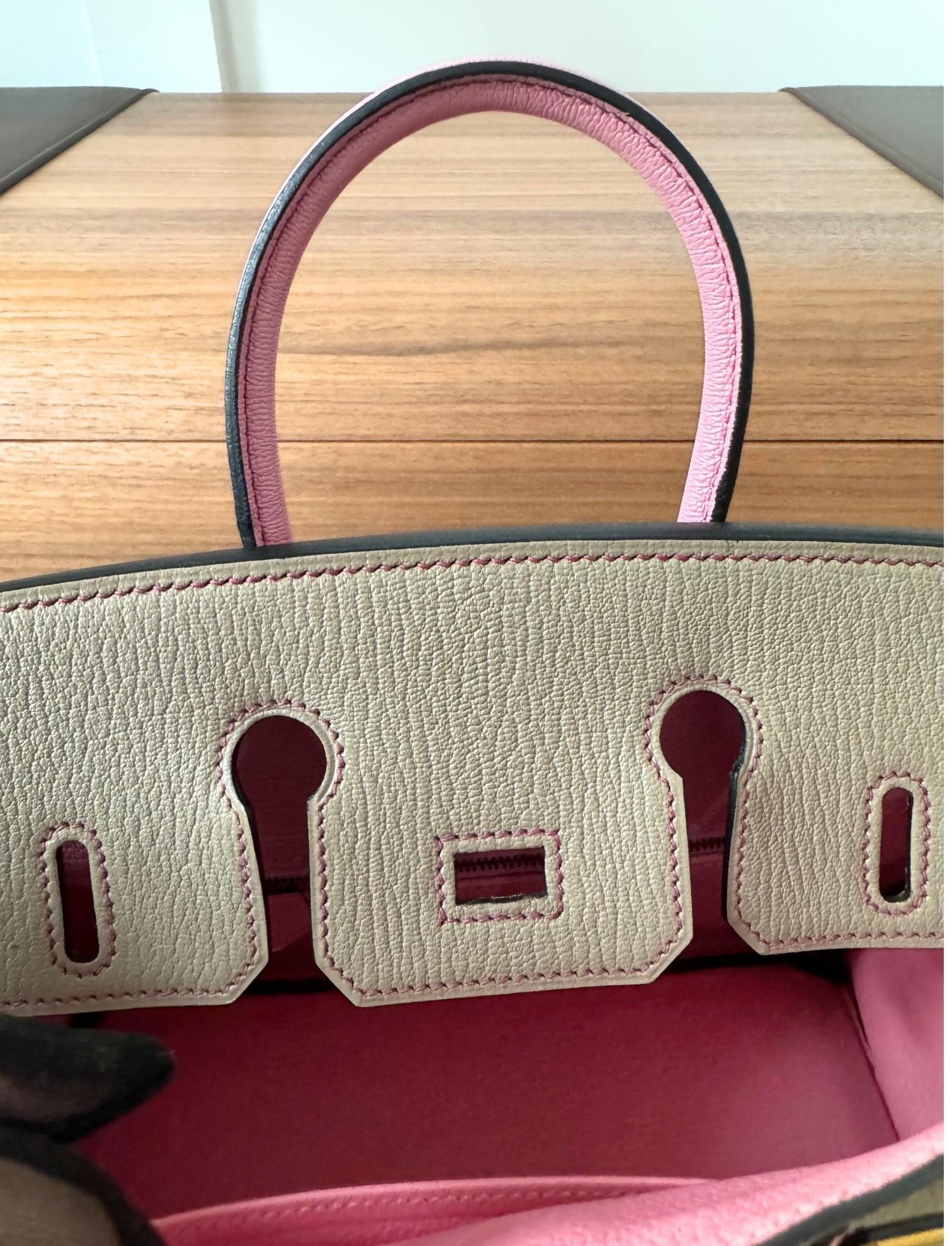 Hermes Birkin 25 HSS Gris Tortuelle / 5P Bubblegum Pink Chevre Brushed Gold HW en vente 13