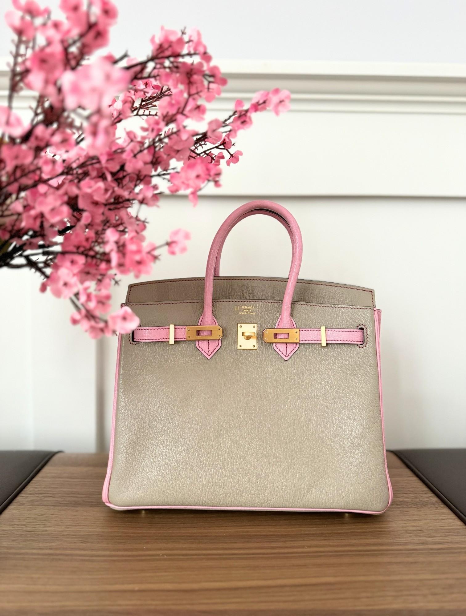 Hermes Birkin 25 HSS Gris Tortuelle / 5P Bubblegum Pink Chevre Brushed Gold HW en vente 14