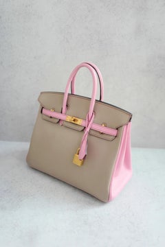 Hermes Birkin 25 HSS Gris Tortuelle / 5P Bubblegum Pink Chevre Gebürstetes Gold HW